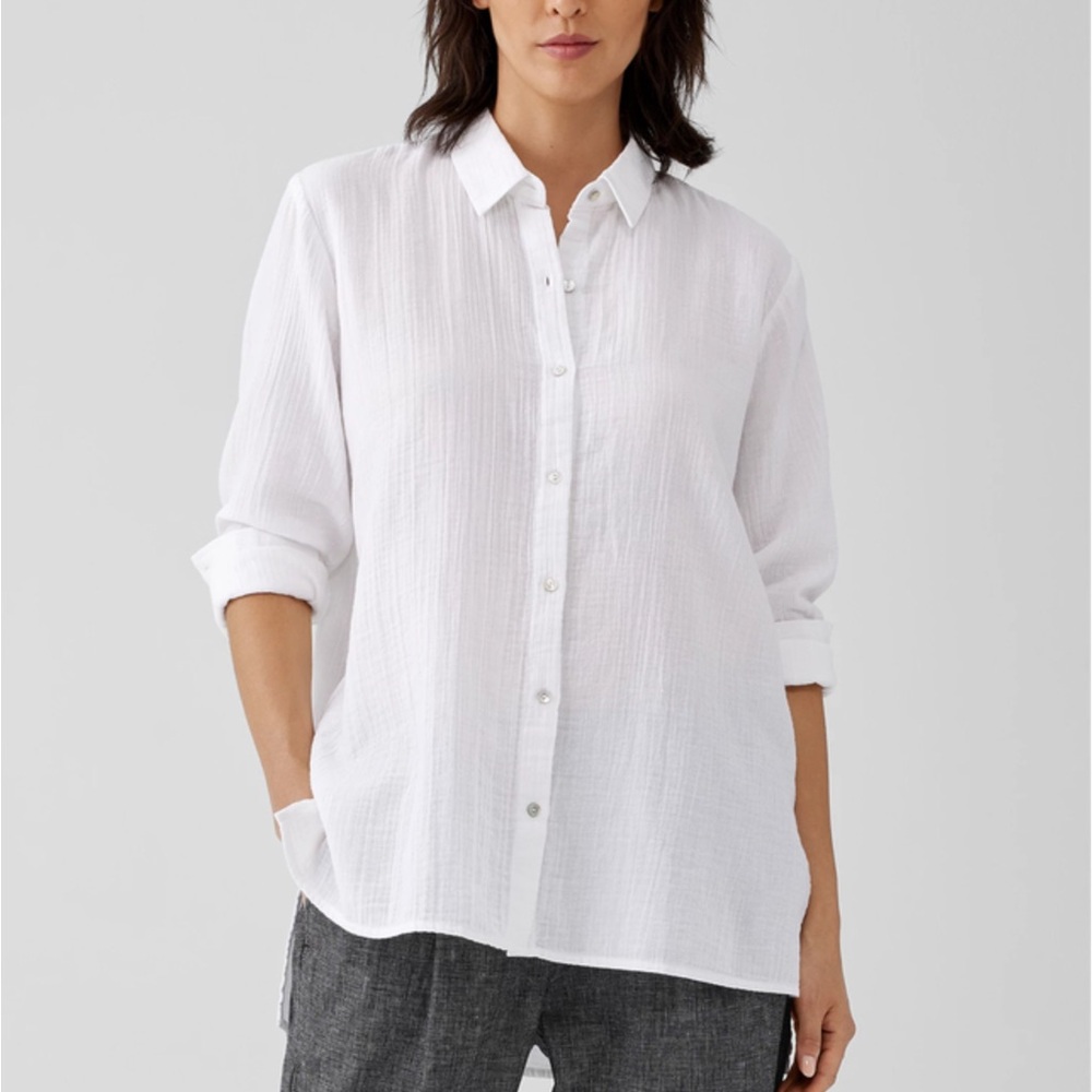 Eileen Fisher Organic Cotton Ripple Classic Collar Shirt Medium